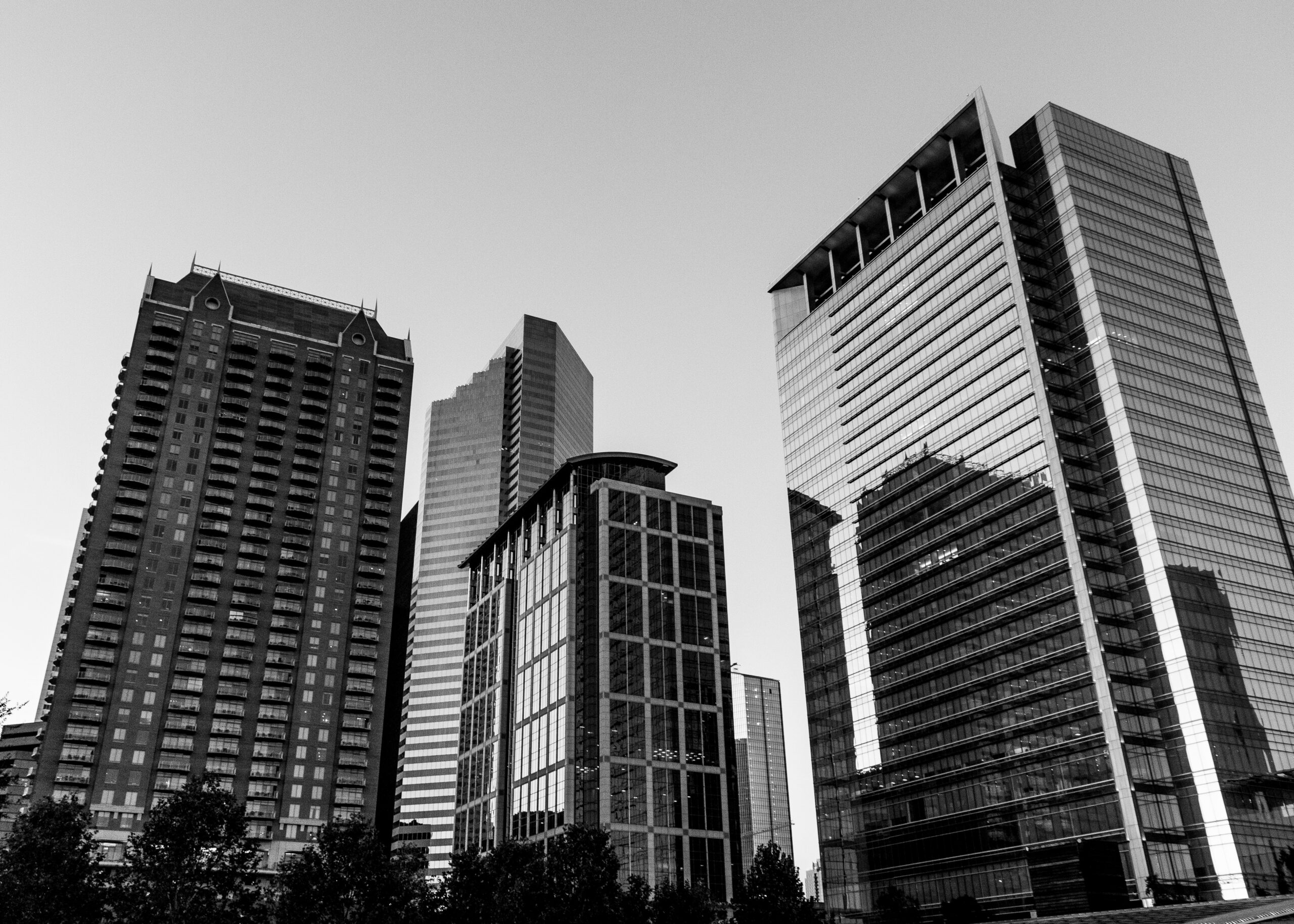Black and white photo of Houston downtown buildings